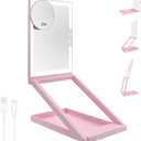 GURUN Travel Mirror with Light 10x Magnification Lighted Travel Makeup Mirror with Adjustable Height Dimmable 3-Color Folding Portable Mirror 2000mAh Rechargeable LED Small Vanity Mirror (Pink)