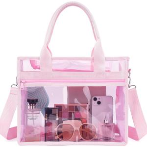 Fammart Iridescent Clear Beach Bag for Women, Jelly Tote Bag Waterproof Sandproof Pool Bag Cruise Vacation Essentials (Small - Jelly Pink)