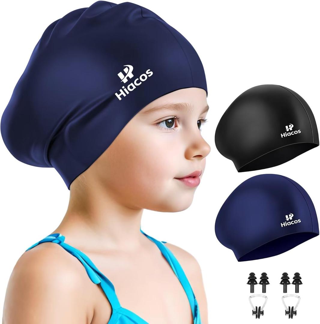 2 Pack Kids Swim Cap for Girls Boys, 2 Size Silicone Swimming Cap for Toddlers Children Teens, Waterproof Swim Hatsfor Long Hair to Keep Hair Dry (8T-15T, Black+Navy)