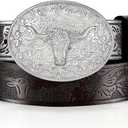 Western Cowboy Belt for Men Women Cowgirl Leather Belt for Jeans Bull Buckle Belt Floral-Engraved Mexican Belts (Black)