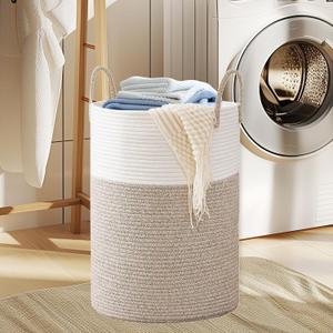 Laundry Basket, 60L Laundry Hamper with Handles,Decorative Blanket Basket Tall Woven Rope Storage Basket for Dirty Clothes,Toys,Blankets in Living Room, Bathroom&Bedroom(White&Brown)
