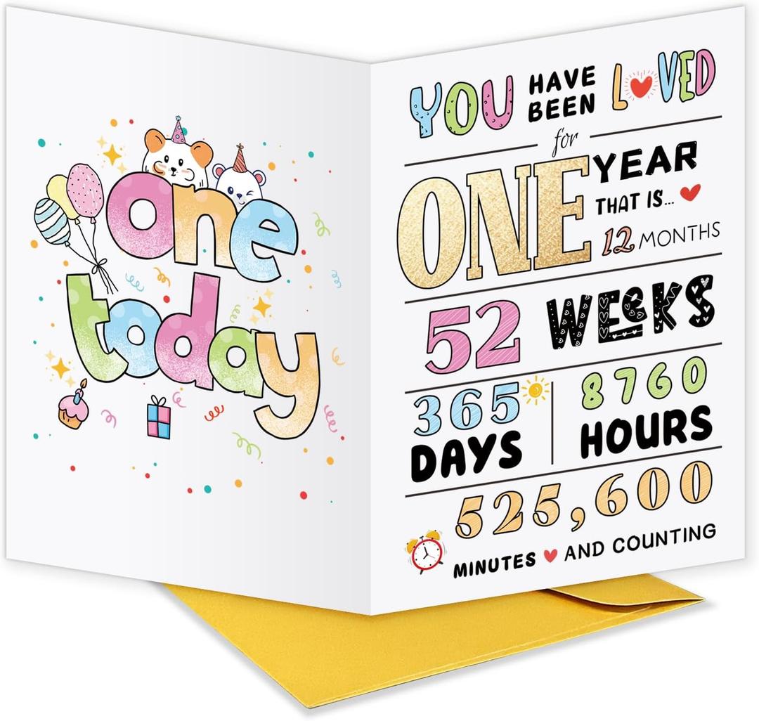 4 x UUEFKTN Cute Happy First Birthday Card Gift for 1st Baby Girls Boys Kids, Ideal 1st Birthday Card Decor For One Year Old Daughter Son Granddaughter Grandson Niece Nephew, Best Born in 2024 Gift