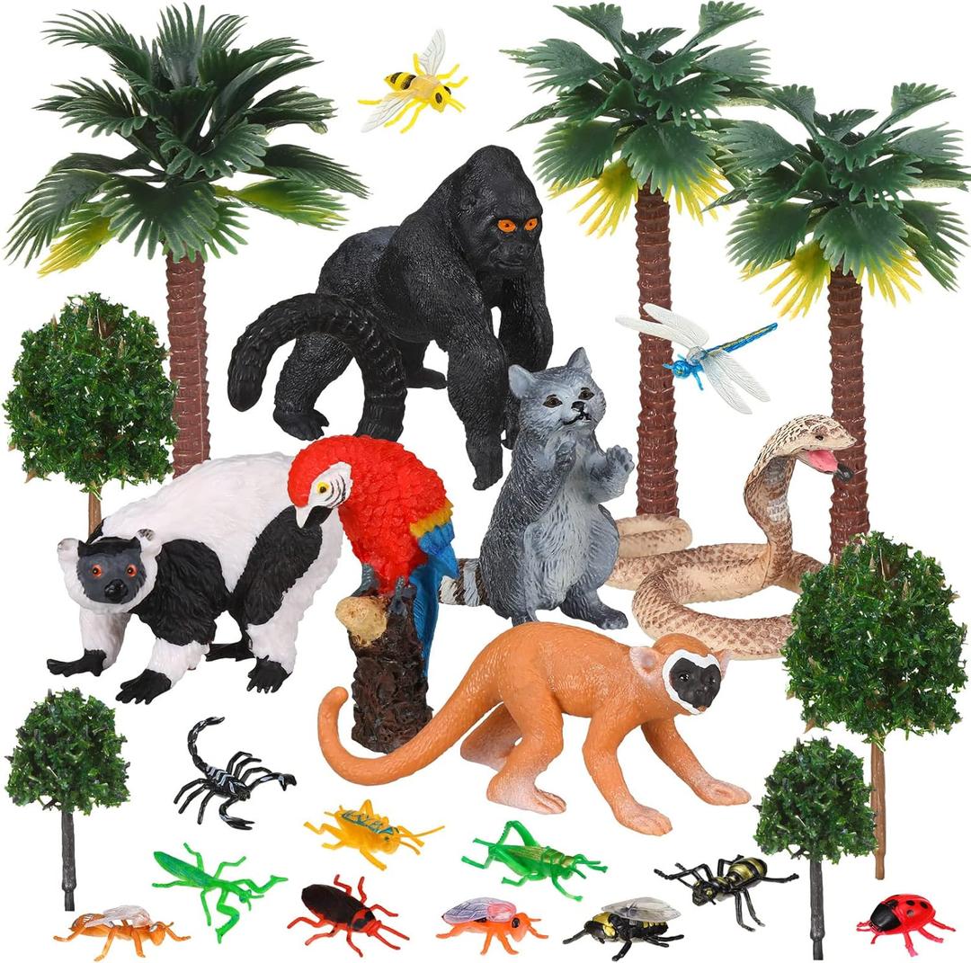 Jexine 25 Pack Rainforest Animals Figures Toys Set Assorted Creatures Rainforest Diorama Supplies Animals Model Trees for Birthday Party Favors, Piata Fillers, for Boys and Girls