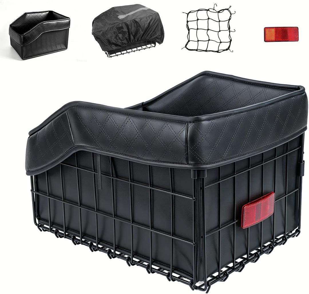 Bike Basket Rear, Foldable Bicycle Basket with PU Liner, Waterproof Cover and Cargo Net, Rear Bike Baskets for Most Bikes - Black, 15.7x12.2x10.2 Inch