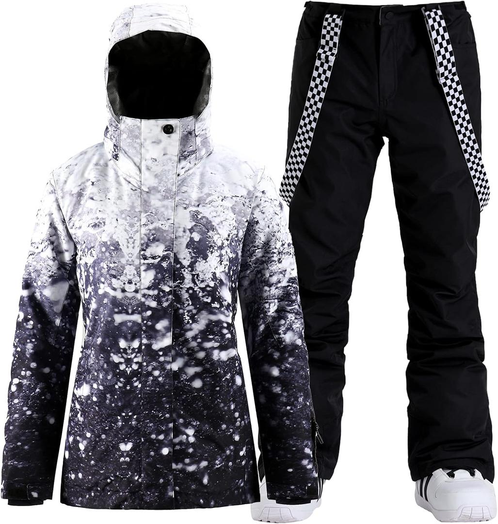 GSOU SNOW Women's Ski Jackets and Pants Set Snowboarding Snowsuit Snow Coat Hooded Waterproof Windproof (Medium, Dark Blue Black)