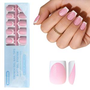 2 x Dsixnails 160Pcs Short Pink Glitter Base French Gel Nail Tips 16Sizes, Square Soft French Tip Press On Nails, Pre-Lasting Acrylic Fake Nails, Soak Off Full Cover Nails Extension for Women Girl