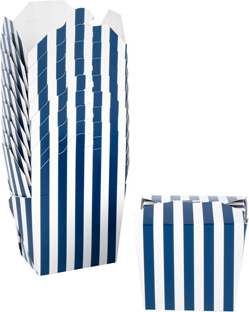 Bio Tek 2.8 x 2.2 x 2.5 Inch Food Containers, 50 Noodle Takeaway Boxes - Disposable, Striped, Blue And White Paper 8 Ounce Take Out Boxes, Rectangle, For Hot And Cold Foods - Restaurantware