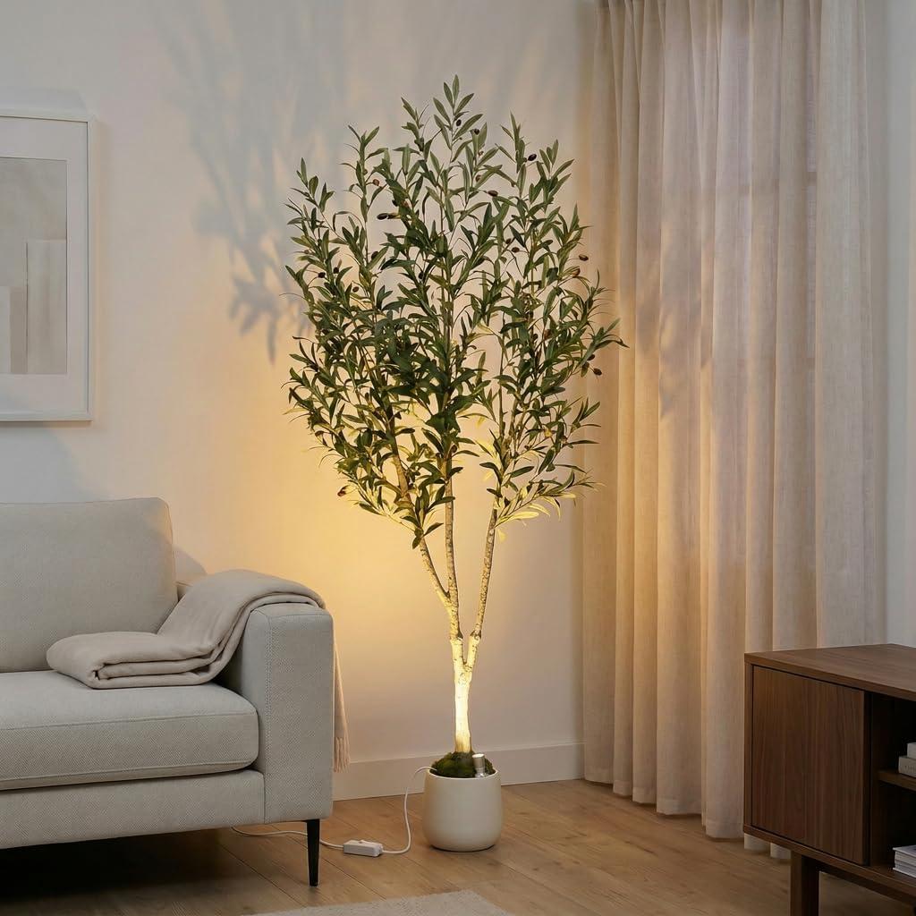 6ft Lifelike Artificial Olive Tree with Light, White Pot, Moss & LED