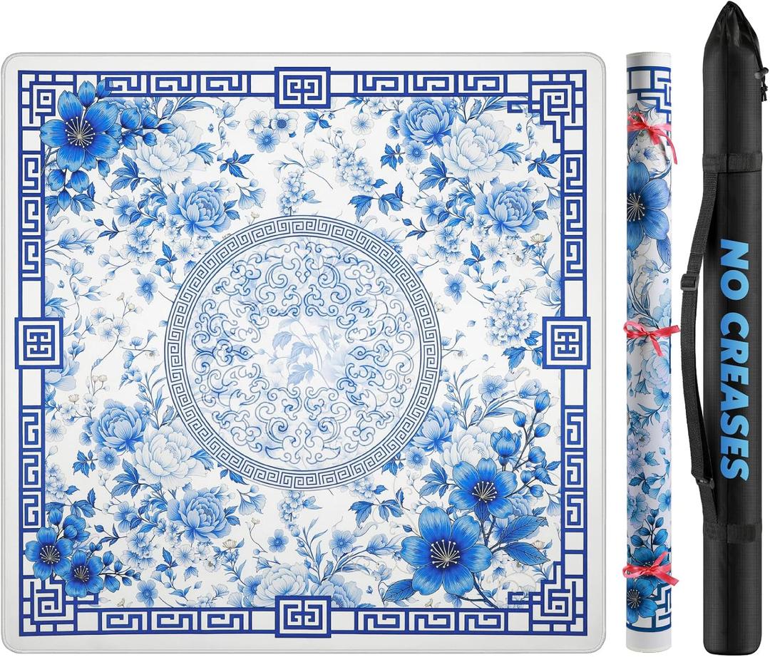 Mahjong Mat for Table 33x33 Inch, No-Crease, Anti-Slip, Noise-Reducing American Mahjong Mat, Mahjong Table Mat with Carry Bag,Neoprene Mahjong Mat for Poker, Card, Board(Blue)