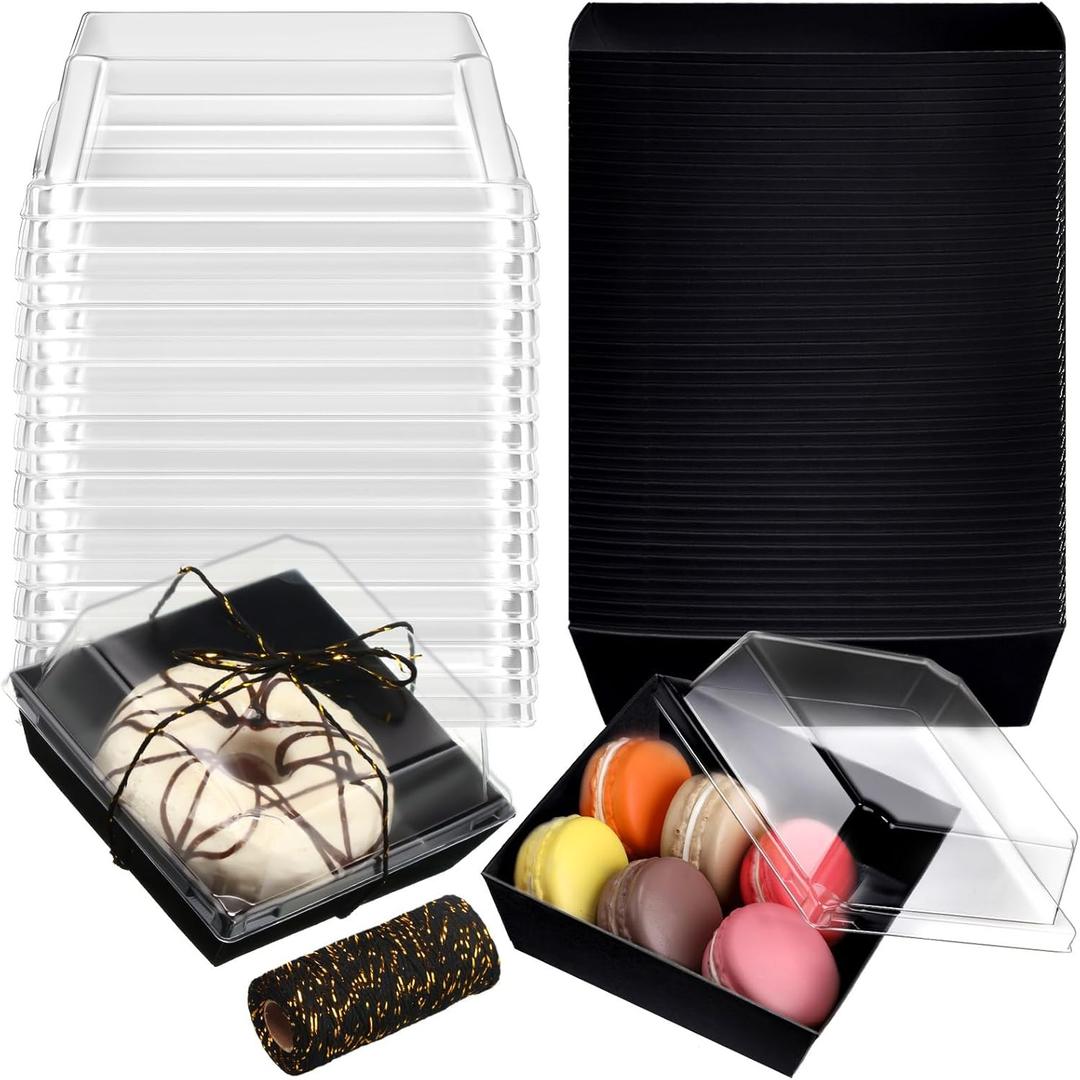 Jetec 50 Pack Charcuterie Boxes with Clear Lids and Rope 4 Inches Cake Disposable Square Dessert Food Box Containers with Lids for Bakery Macaron Cookies Strawberries Fruits Display (Black)