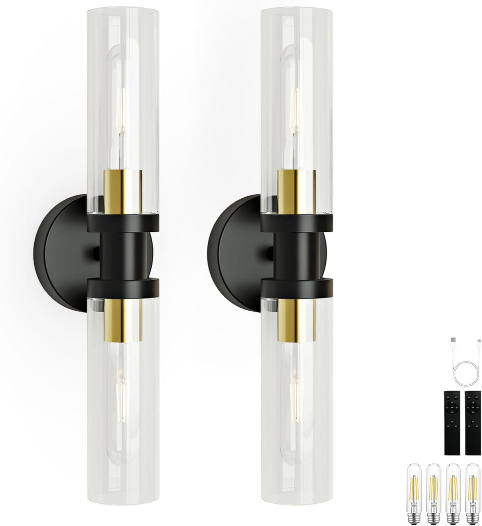 Battery Operated Wall Sconce Set of 2, 8000mAh Black Gold Rechargeable Wall Sconces Set of Two, Dimmable, Remote, 3000K Wll Lights for Living Room, Bedroom (Include 4 Special Bulbs)