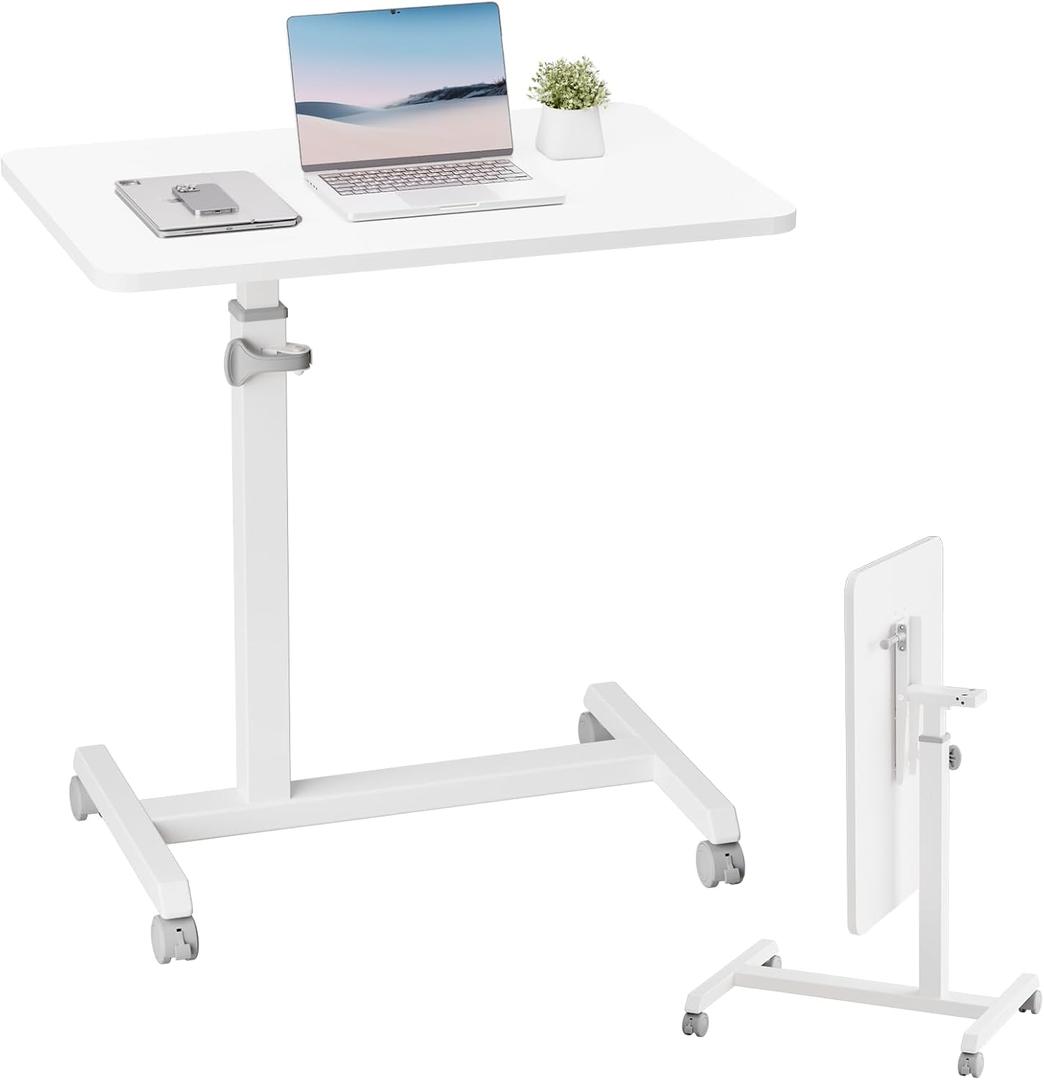 GTPLAYER Small Standing Desk, 24 Inches Foldable Mobile Rolling Laptop PC Table with Lockable Casters, Adjustable Height Overbed Bedside Table Computer Workstation for Home Office, White-Foldable, 24x16in