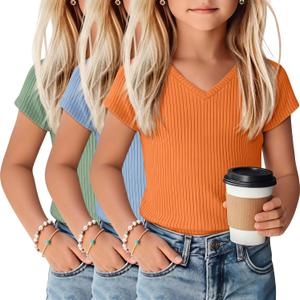 3 Pack Girls Shirts Kids V Neck Short Sleeve Ribbed Knit Tunic Tops Slim Fit Casual Cute Basic Summer Solid Tee, 9-10Y