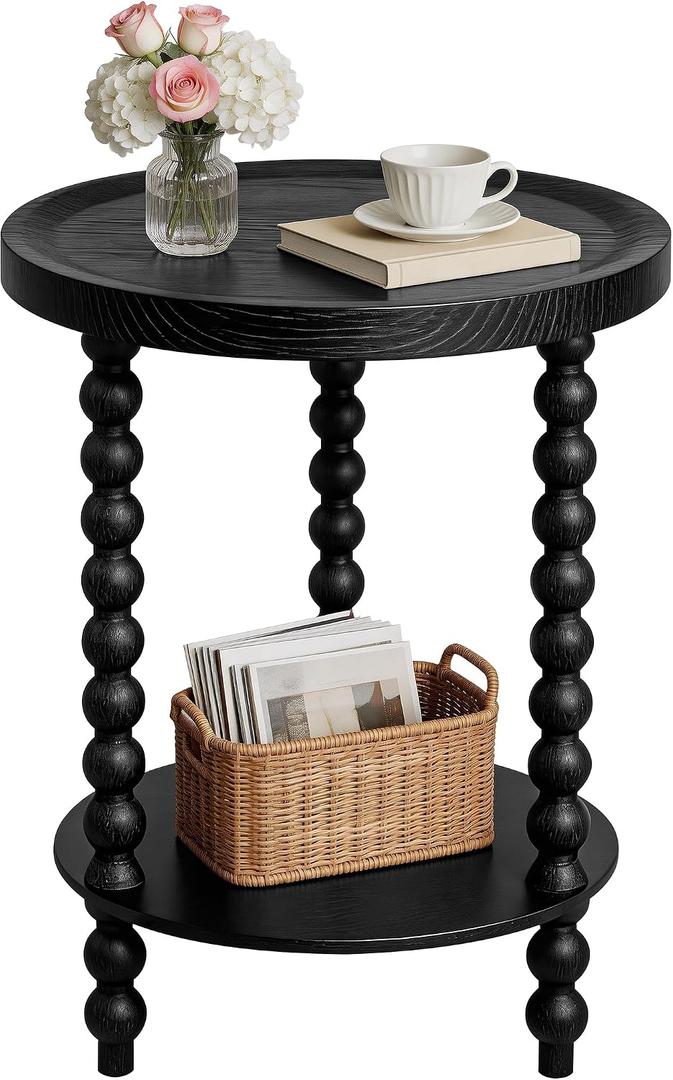 Round 2 Tier Side Table, End Table with Storage Shelf, Modern Nightstand Beside Table for Living Room, Bedroom, (Black, Normal, Wood)