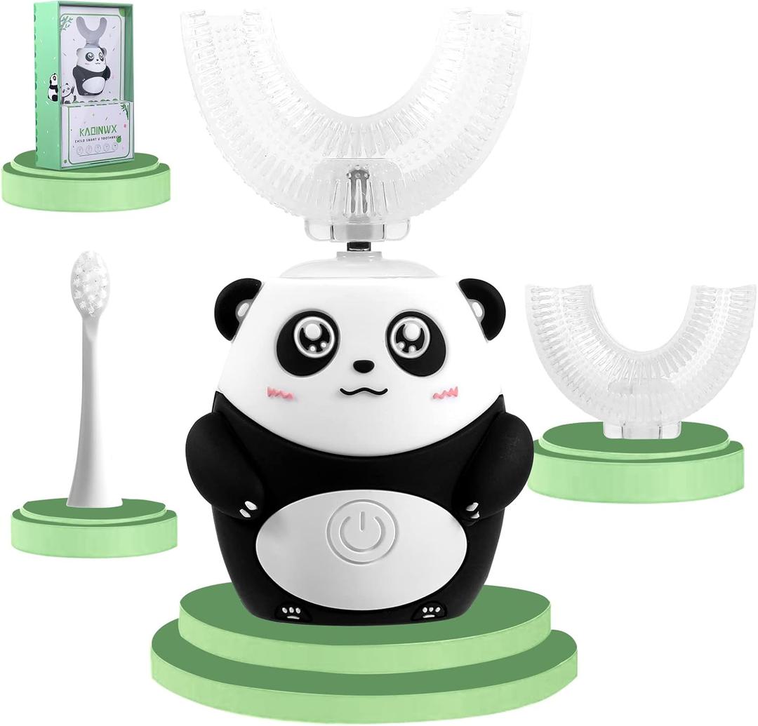 Kids U Shaped Electric Toothbrush for Age 2-12, Rechargeable Toddler Toothbrush with Smart Timer & 3 Clean Modes, Panda Design, IPX7 Waterproof, 3 Brush Heads & 360Cleaning (Black)