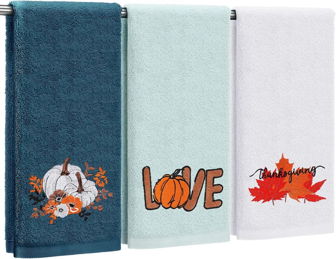 3 Pcs Fall Thanksgiving Hand Towels Embroidered Pumpkin Maple Leaf Bathroom Towels for Fall Bathroom Kitchen Decor Thanksgiving Gift, 29.5 x 13.8 Inch(Dark Blue, Light Blue, White)