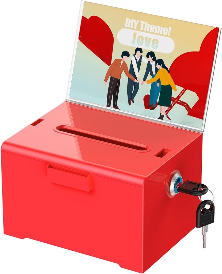 Uniclife Acrylic Donation Box with Lock and Sign Holder Red Ballot Box with Slot Plastic Suggestion Boxes Tip Jar Cash Storage Container Drop Chest for Fundraising Voting Raffle, 6.2" x 5" x 4"