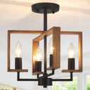 4-Light Farmhouse Ceiling Light, Semi Flush Mount Ceiling Light Fixture, Kitchen Island Lighting Rustic Wood Metal Geometric for Hallway Dining Room Entryway Laundry Bedroom