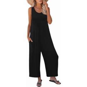 Women's Summer Casual Loose Tank Jumpsuit Sleeveless Crewneck Long Pants Jumpsuit Romper with Pockets (Large, Black)
