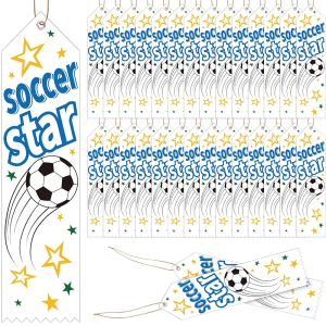 Mindsoft 100 Pcs Soccer Star Award Ribbon Bulk 8" x 2" Medal Prizes Participation Ribbons with Event Card and String for Kids Students School Competition Sport Event Contest