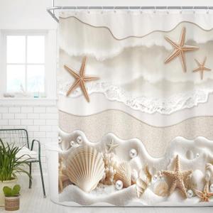 Cinbloo Starfish Beach Coastal 60Wx72H Shower Curtain Beige White Ocean Seashells Conch Pearl Coral Seacoast Sand Sea Waves Bathroom Curtain Set Summer Scenry Bath Bathroom Accessories Decor