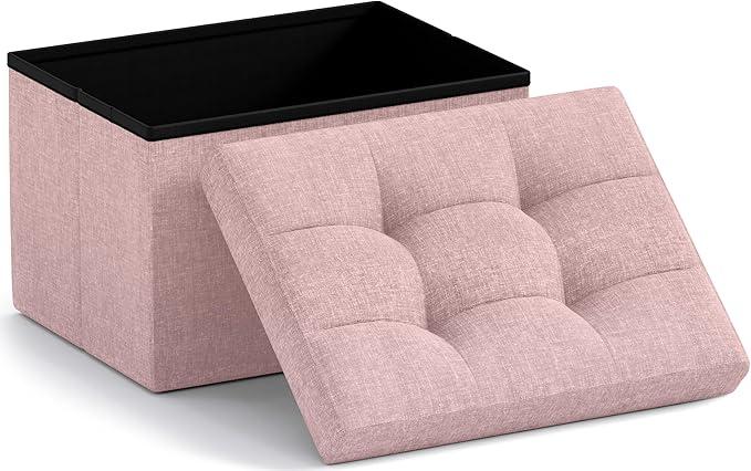 Ornavo Home Small Storage Ottoman Foldable Collapsible Rectangle Linen Ottoman Foot Rest Stool Seat, for Living Room, Bedroom, Home Office, Dorm - 12 x 16 x 12,  Pink 