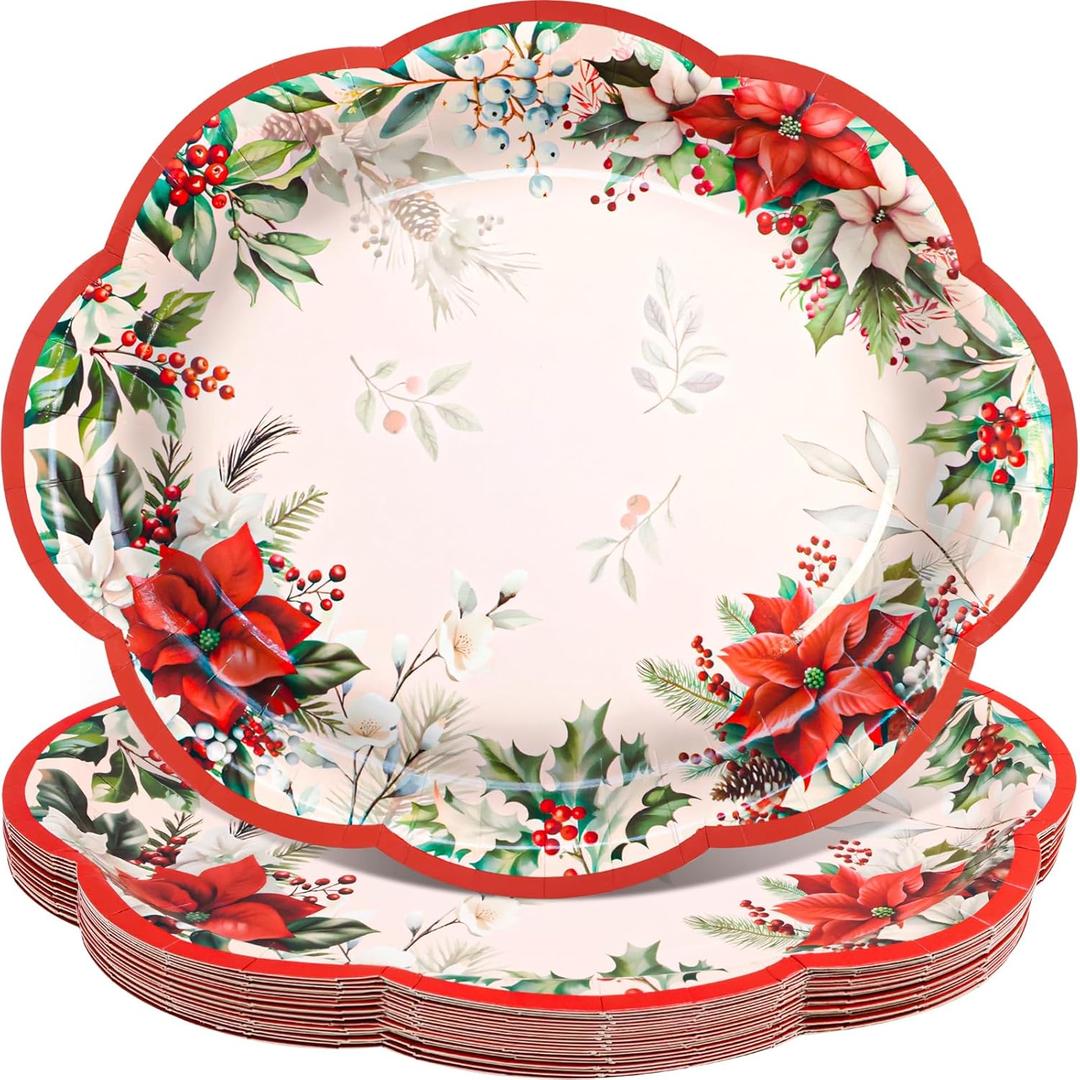Fancy Land Christmas Oval Paper Plates Disposable Poinsettia Platters for Dinnerware Holiday Party Trays Decor Supplies 10 x 12 Inches 24Pcs