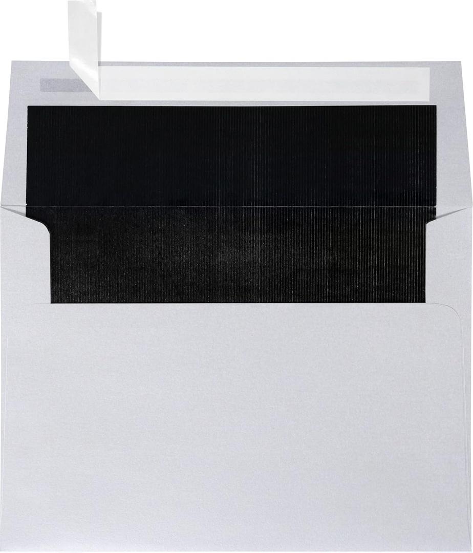 LUXPaper A7 Foil Lined Invitation Envelopes | Peel & Press | 5 1/4" x 7 1/4" | Silver w/Black LUX Lining | 80lb. Text | 50 Qty
