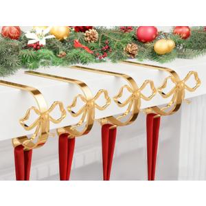 4 Pcs Christmas Bow Stocking Hangers Holder Mantle Metal Hooks Gold Christmas Stocking Clips Classic Shelf Garland Hangers for Counter Window Fireplace Xmas Party Decoration