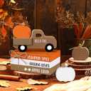 7 Pcs Thanksgiving Fall Table Decor Farmhouse Wooden Fall Signs with Book Stack 3D Truck and Pumpkins for Tiered Tray Autumn Wooden Table Centerpiece for Harvest Mantle Home Bookshelf Gift