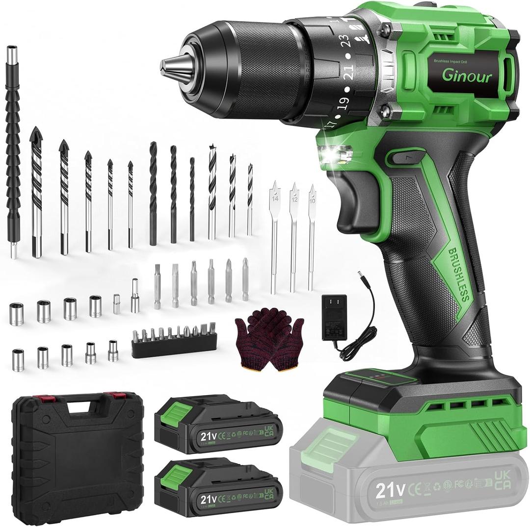 Ginour 21V Brushless Cordless Hammer Drill 442 in.lbs 18000BPM 3/8" Keyless Chuck Impact Drill with 2 Batteries and Charger 23+3 Clutch, 47PCS Accessories for Metal, Wood, Brick Wall