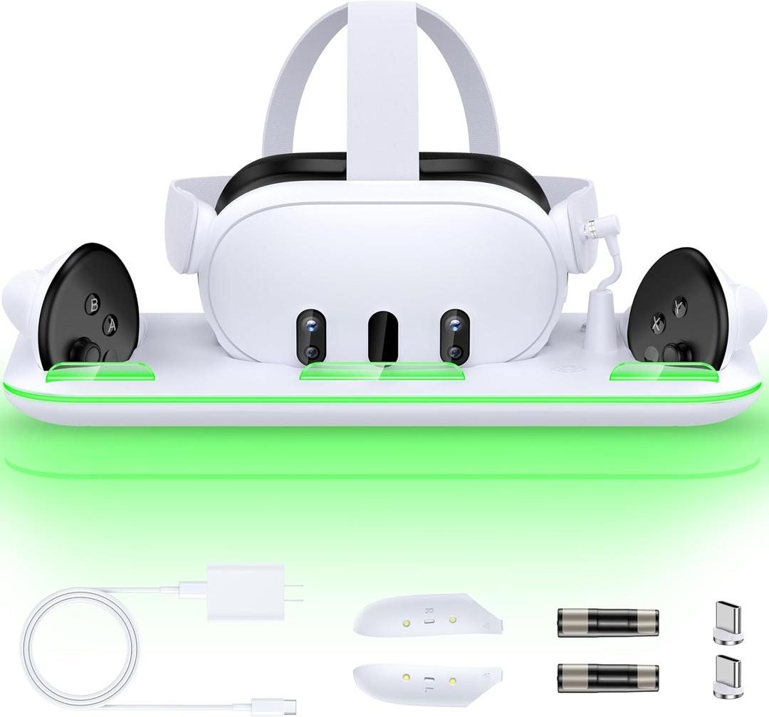 Charging Dock & Headset Stand for Meta Quest 3/3s, Fast Charging Station with 2 Controller Rechargeable Batteries, All-in-One Storage with 14 Lighting Modes for VR Headset Accessories & Controllers