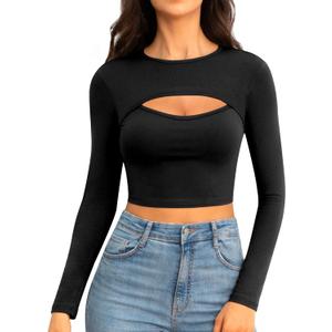 CLOZOZ Cut Out Tops for Women Sexy Crewneck Crop Top Slim Fitted T-Shirts Going Out Tops (Large, 01 Black)