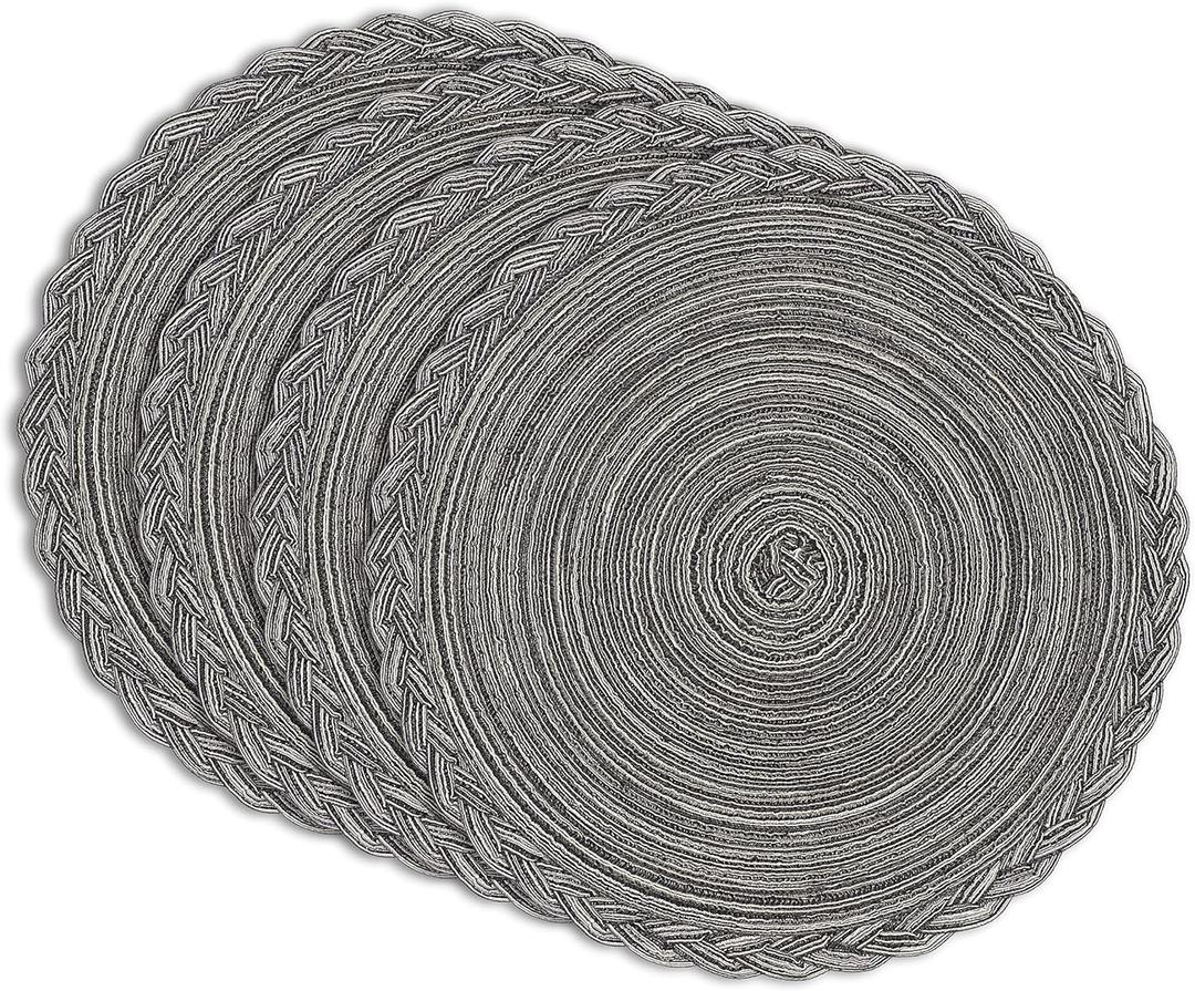 myHomeBody Round Woven Placemats, 4pcs, 14.8 Braided Woven Placemats, Attractive Kitchen Dcor Place Mats | Round Placemats Grey Braided Edge
