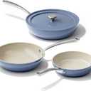 Redchef Nonstick Ceramic Pans, 4-Piece Deep Ceramic Frying Pan with Lid, 8" 9.5" 11" Deep Frying Pan, Egg Frying Pans Suitable for All Stovetops, PFAS & PTFE & PFOA Free, Dishwasher & Oven Safe, Blue