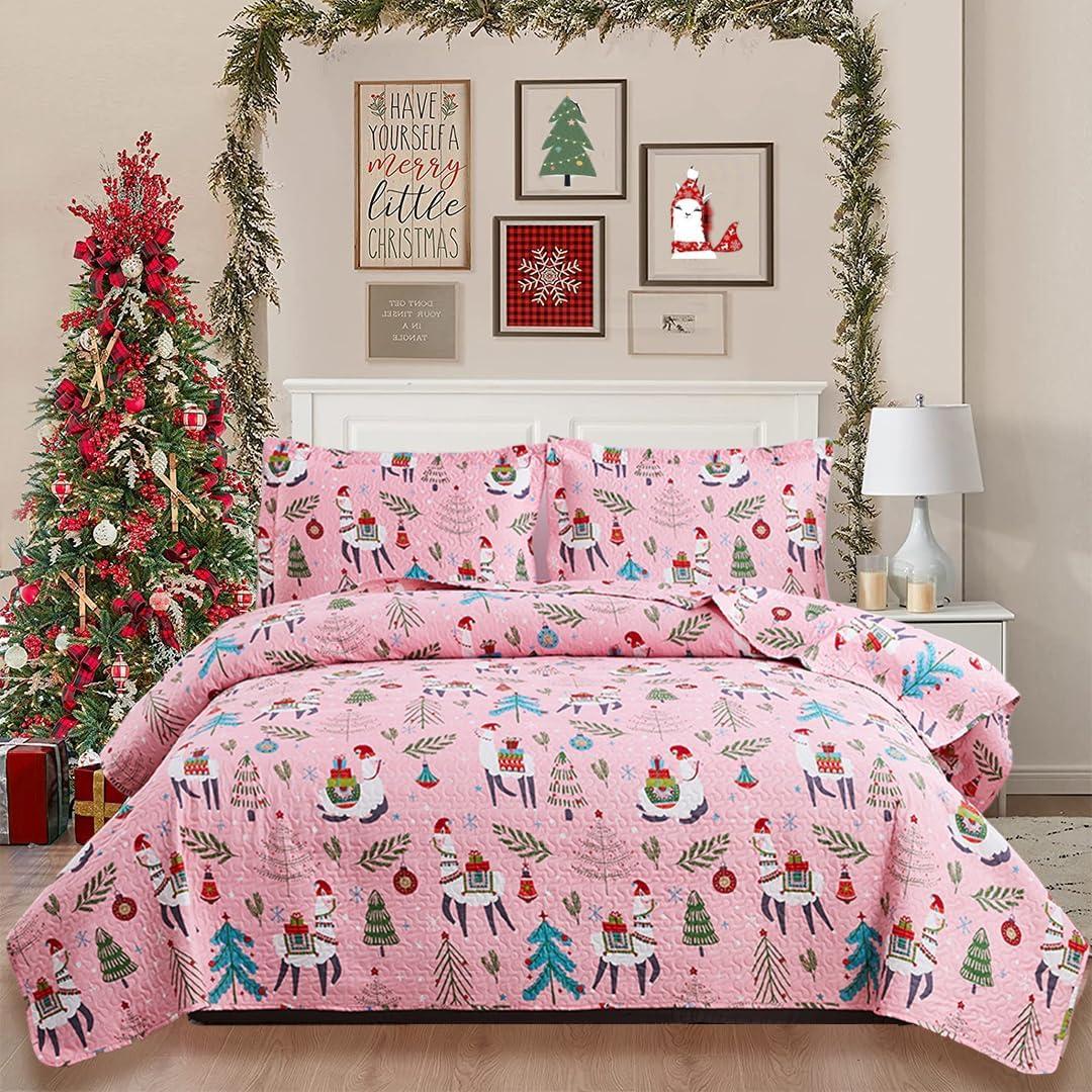 Christmas Bedspread Coverlets Full/Queen Size Girls Quilt Set Xmas Pink Alpaca Bedding Kids Lightweight Bedspread Reversible Quilts Christmas Holiday Bed Cover Set1 Quilt and 2 Pillow Shams
