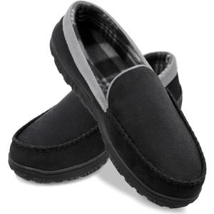 shoeslocker Mens Slippers Microsuede Moccasin Memory Foam House Shoes (10, Black Grey)