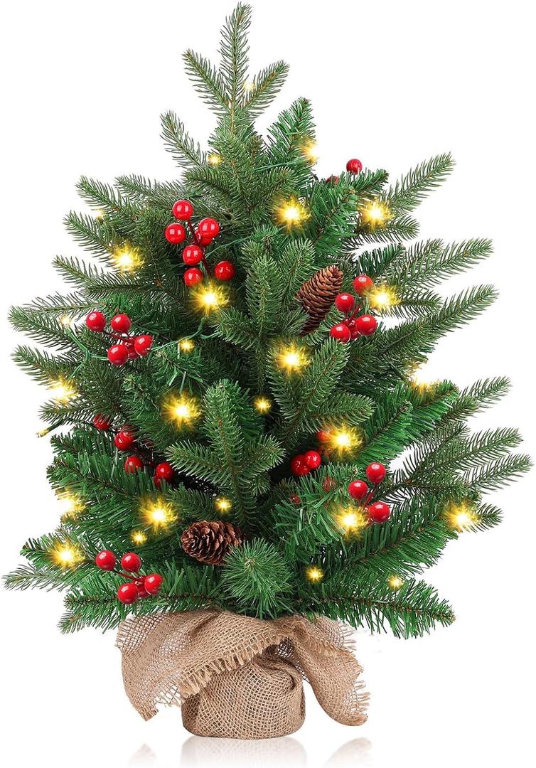 Mini Christmas Tree,20 inch/50CM Small Christmas Tree with Lights with 2M LED Lights,75 Branch Tips,for Home Office Christmas Decorations