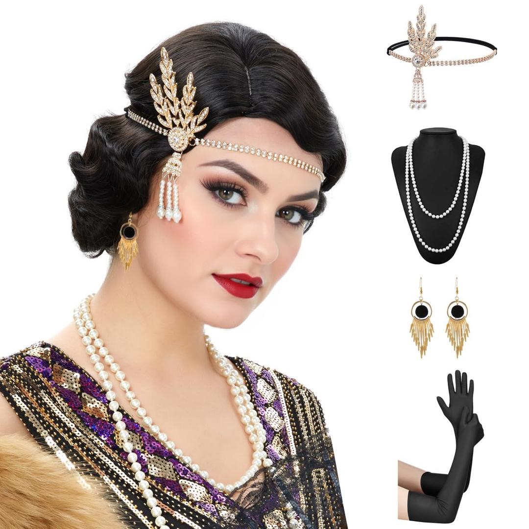 1920s 1930s Finger Wave Wig Women Black Vintage Flapper Wig Great Gatsby Accessories Set, Flapper Costume Accessories Roaring 20s Accessories for Women Flapper Headpiece