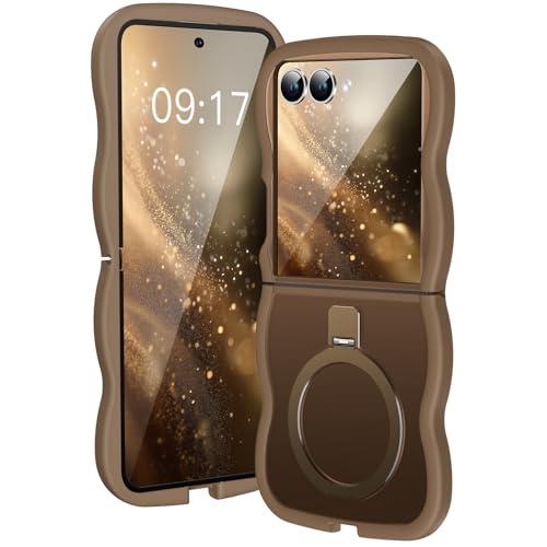 KMAMBAG [Magnetic Stand & Wave Frame] Case for Samsung Galaxy Z Flip 7 [Fit for MagSafe] [Military Drop Protective] Not Yellowing Translucent Z Flip 7 Phone Ring Cover for Women Men 6.9" Desert Gold