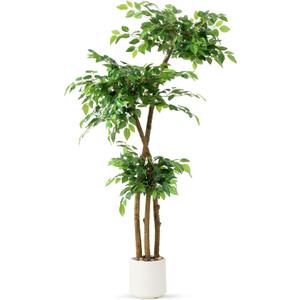 5FT Artificial Ficus Tree with White Planter and Pebbles,Faux Silk Tree with Lifelike Leaves and Realistic Trunk,Tall Fake Potted Plant for Home and Office Dcor Indoor and Outdoor (5FT)