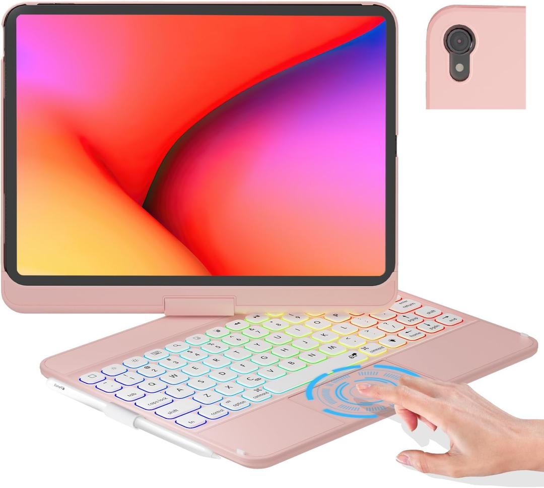 NOKBABO for iPad 11th/10th Generation case with Keyboard, Rainbow Backlit, 360Rotation, Built-in Touchpad & Pencil Holder, Keyboard for ipad 11th(A16,2025) & iPad 10th Generation(2022) - Bright Pink
