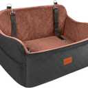 Dog Car Seat for Large Size Dog, Soft Fabric Car Dog Bed Filling Memory Foam,2 Clip-On Safety Leashes and 2 Pockets, Removable and Washable Comfy Pet Car Seat(Black/Brown, Large)