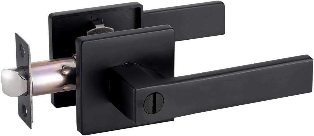 Privacy Door Handle Keyless No Key with Lock Set, Heavy Duty Reversible Interior Door Lever for Bedroom Bathroom, Square Door Lock for Left Right Handed Doors (1 Pack, Matte Black)
