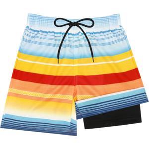 Sarfel Boys Swim Trunks with Compression Liner Kids Swimsuits Boys Bathing Suit Kids Board Shorts Teen Boy Quick Dry Shorts (10-12 Years, Blue Red Orange Stripes)