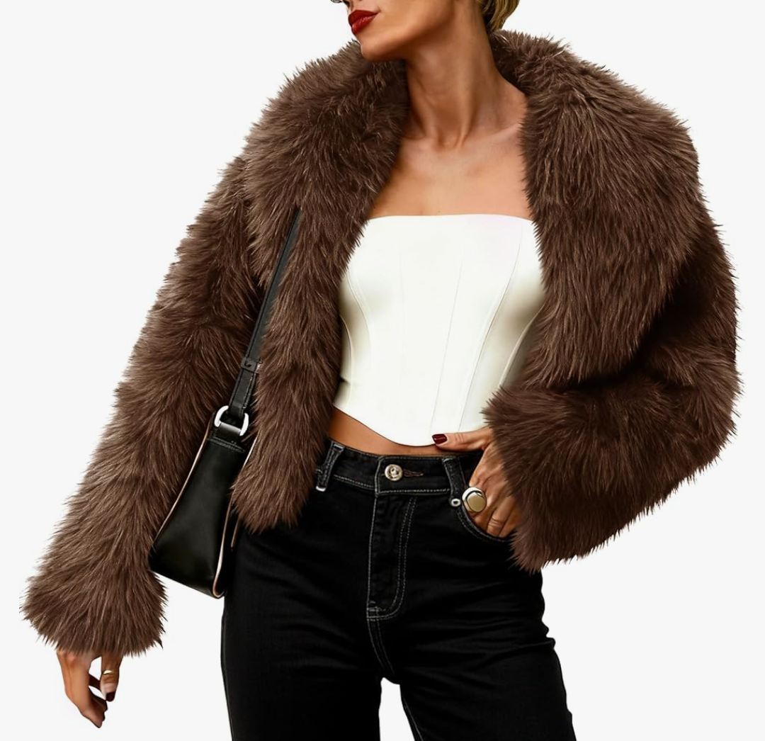 Tankaneo Womens Faux Fur Jacket Cropped Winter Fall Shaggy Coats Long Sleeve Fluffy Short Coat Fuzzy Outerwear, M