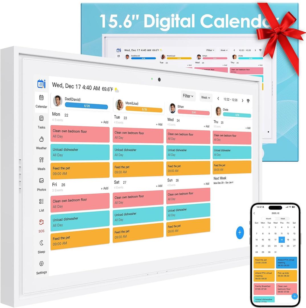 15.6" Electronic Wall Calendar & Digital Family Planner, 2K Smart Touchscreen Display with Video Call, Chore Chart & Shared Family Schedule, 4+64GB, Wall or Desk Mount, Interactive Calendar Organizer