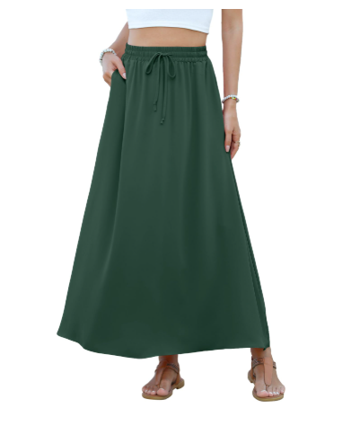 NILOUFO Women's Flowy High Waist A-Line Maxi Skirt - Summer Casual Lightweight Long Skirts with Pockets (Dark Green, X-Large) 
