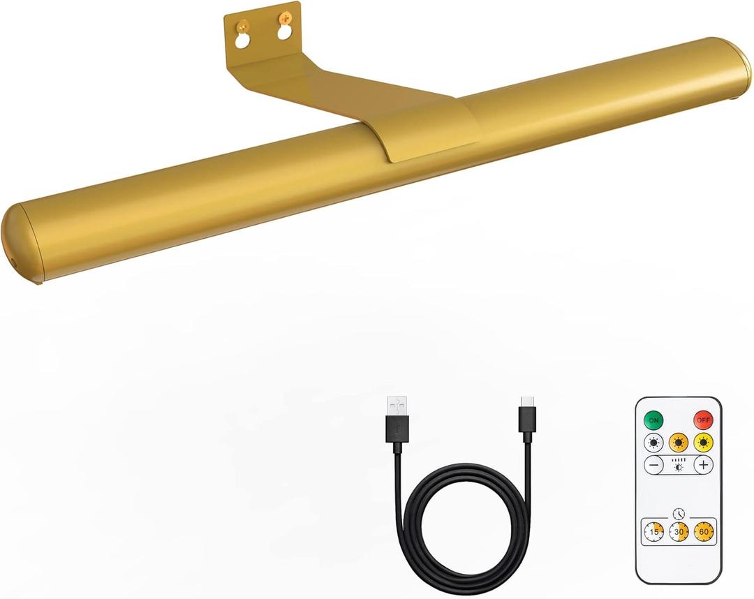 Gold Wireless Led Picture Light with Remote Control - Rechargeable Battery, Metal Art Display Accent Light, 300LM, Dimmable for Gallery, Dartboard (13inch)