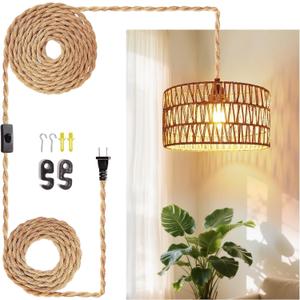 Hanging Light Ceiling Lamp Pendant Lights Rattan Hanging Lamp with Plug in Cord for Living Room Bedroom Kitchen Indoor Hanging Lamp Plug in Woven Lampshade (12.6 Inch - Cylindrical Shade)